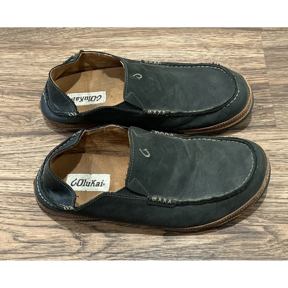 OluKai Moloa Shoes MEN US 9.5/ EU 42.5 Black Leather Slip On Loafers Comfort